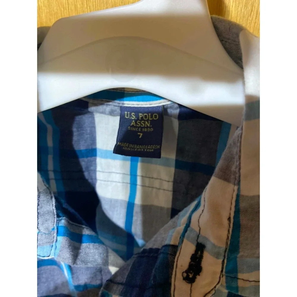 Boys US POLO Association Blue White Plaid Button Down Shor Sleeve Shirt Collar 7